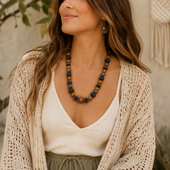 Tribal Boho 28″ Wood Bead Necklace Brown Black Botanical Harvest Philippines