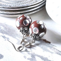 Cocoa Brown Tribal Ethnic Kashmiri Lac Silver Brass Dotted East India Earrings