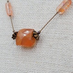 Dainty Orange Stone Necklace Hand Knotted Cord Station Copper tone Metal 17″