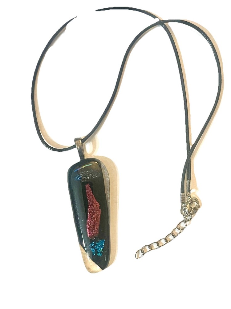 Handmade Dichroic Glass Pendant Oblong Shape Multi-Color Design Black Cord Chain