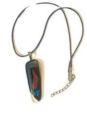 Handmade Dichroic Glass Pendant Oblong Shape Multi-Color Design Black Cord Chain