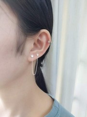 4 Prong CZ Round Stud With Chain Cuff S925 Sterling Silver Earrings for Women…