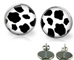 Cow Print Glass Top Stud Earrings In 3 Sizes Handmade Photo Jewelry