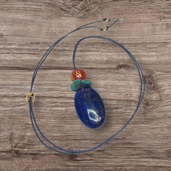 Lapis Lazuli Mantra Pendant Necklace, Geometric Turquoise Red Carnelian Chunky