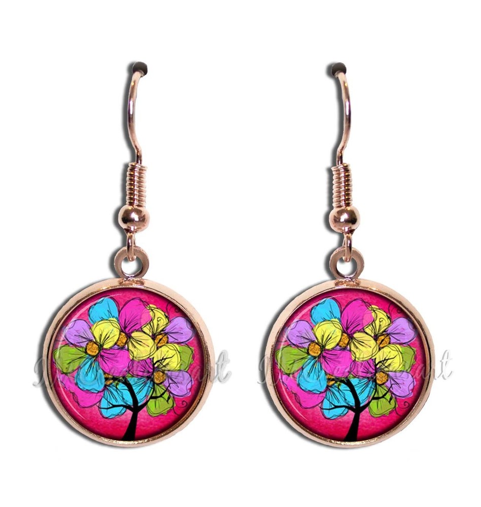Pretty Pink Floral Style – Handmade Resin Dangling Earrings 16mm Round