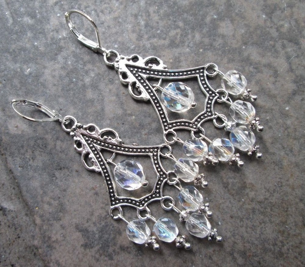 Aurora Borealis Boho Chic Chandelier Earrings with Sterling Silver lever backs
