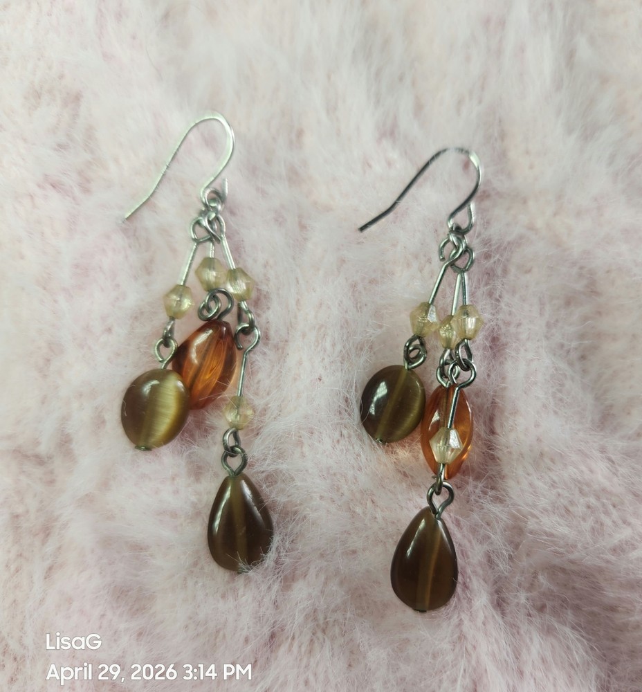 Faceted Beaded Dangle Drop Earrings Brown-Amber Clear Silver-Tone Wire Fashion