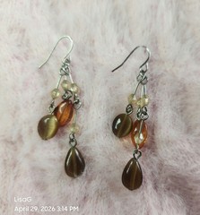 Faceted Beaded Dangle Drop Earrings Brown-Amber Clear Silver-Tone Wire Fashion