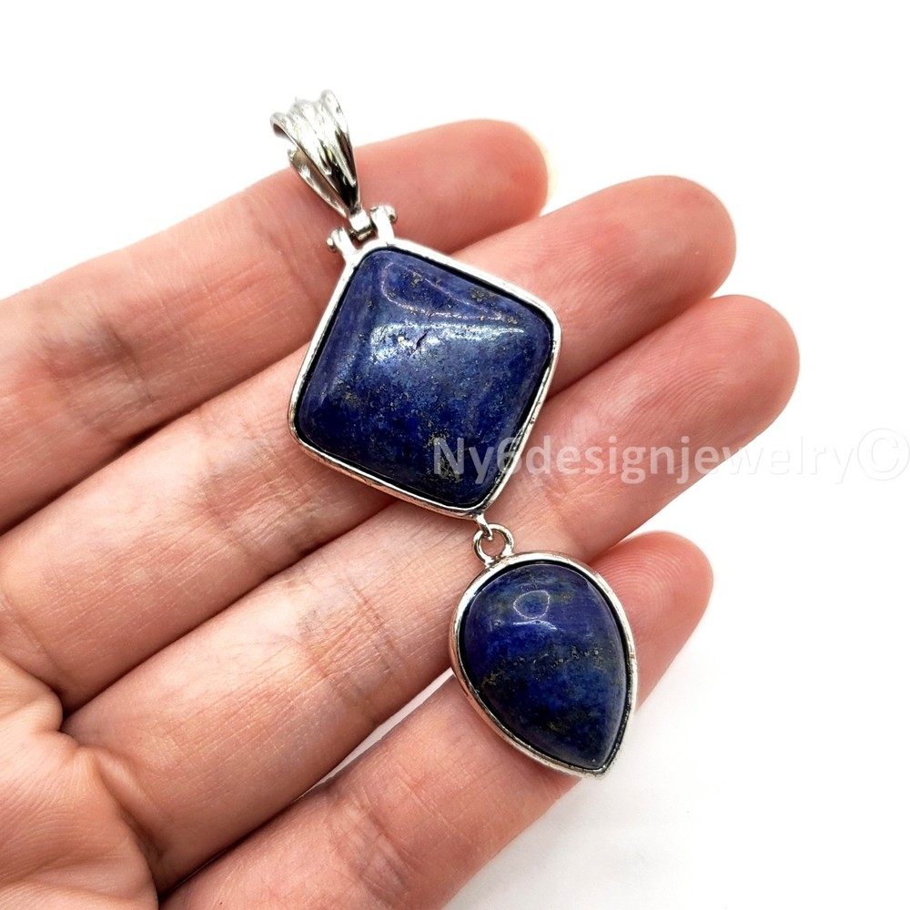 Natural Lapis Lazuli Two-Stone Pendant Silver Plated Geometric Square & Teardrop