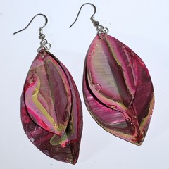 Large Dangle drop earrings Pink Brown marble swirl Handmade Upcycled