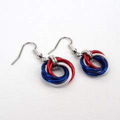 Red, white and blue chainmail love knot earrings, American patriotic jewelry