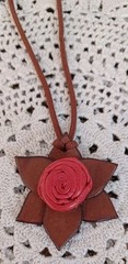 VINTAGE RED LEATHER ROSE ON BROWN LEATHER ADJUSTABLE BROWN SLIDING CORD NECKLACE