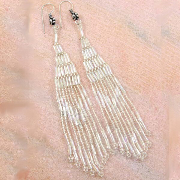 Handmade Beaded White Bugle Seed Bead Earrings