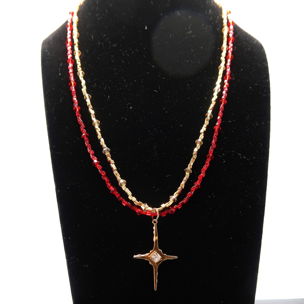 North Star Pendant Necklace, Red, Gold , Handmade with Swarovski in USA – NEW