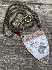 Glass Enameled Copper Reindeer Christmas necklace with Swarovski beads HANDMADE
