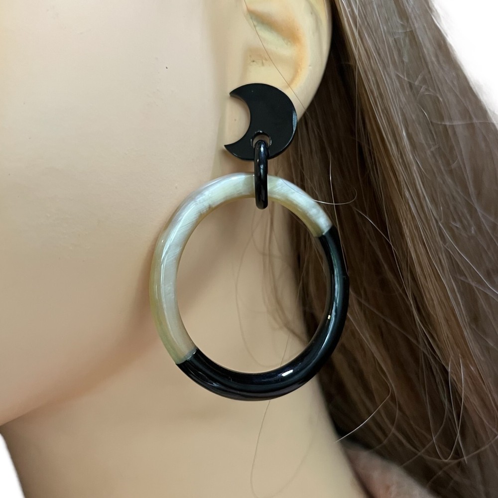 Lightweight Horn Earrings, Natural Brown, Black Lacquer, Stud Design