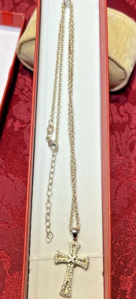 Vintage Sterling Silver .925 REL Gold Wash Cross & CZs & X Pendant Necklace