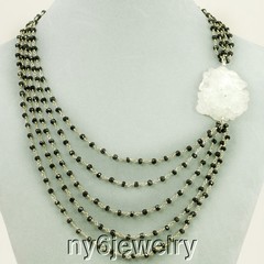 Black Spinel Beads white Quartz Stalactite Necklace w/Silver statement Clasp 18″