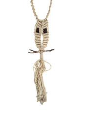 Vintage Macrame Owl Necklace w/ Wood Bead Eyes Boho 1970s