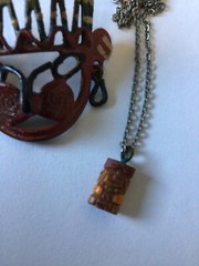 Vintage Aztec Motif 2 Pendants Enamel & Wood 1 w/Chain Boho