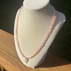 Pink, Orange, white beaded necklace with flamingo charm Homemade NWT