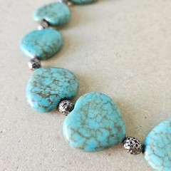 Faux Turquoise Large Puffy Heart Statement Necklace Choker Silver Tone Western