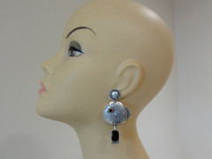 Rhonda Shikanai Sterling Silver Red Garnet Color Eye Fish & Black Onyx Earrings