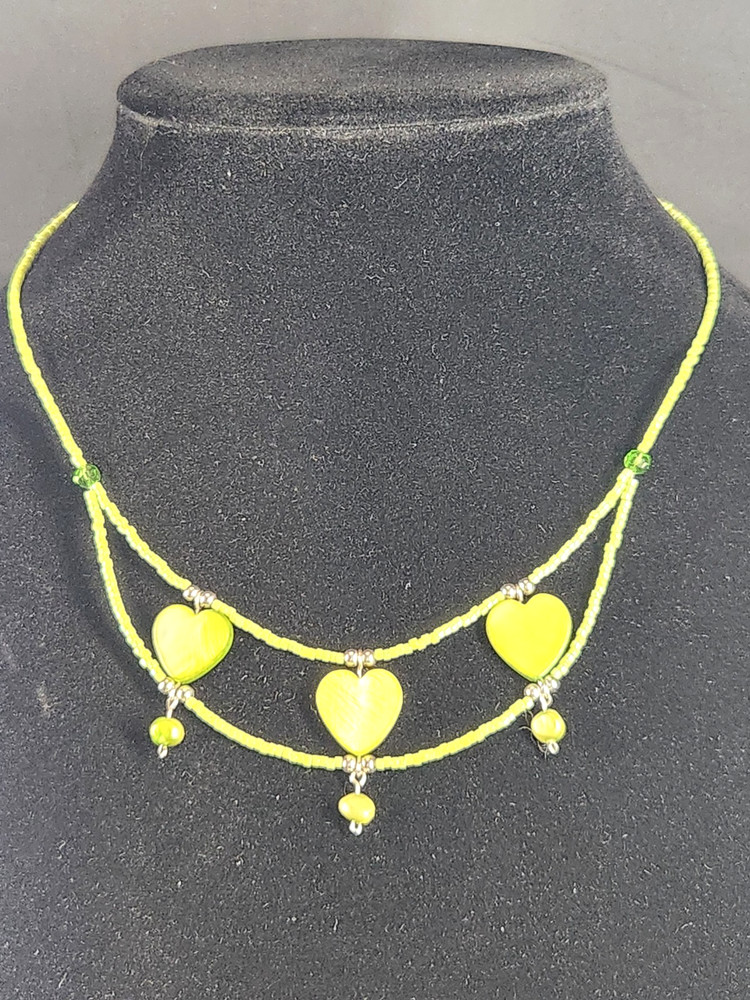 Handmade sterling silver pearl green heart mother of pearl 16″ necklace