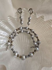 Natural Gray Freshwater Pearl Necklace Silver&Gold Rings 40cm + Earrings Gift