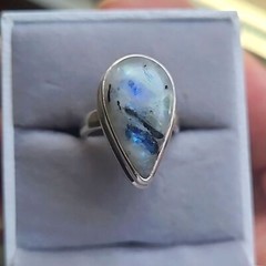 Black Tourmaline in Moonstone Solid Sterling Silver ring. Size 5.5