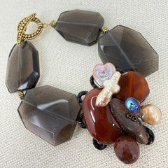 Smoky Quartz Bracelet Style Mixed Media Pearl Cluster Chunky Marked Q
