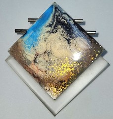 Artisan Hand Crafted Acrylic Brooch Pin Cream Blue Brown Gold Metal 2 1/2″ Wide