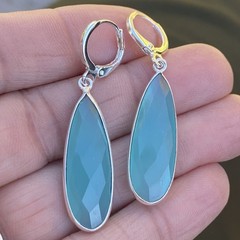 Min Favorit Bezel Set Faceted Aqua Chalcedony & Silver Pl Long Artisan Earrings
