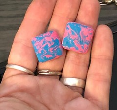 Custom Painted Bright Blue & Pink Swirl Curved Square Pierced Earrings 3/4″