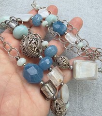 Long textured Link Barse faceted Blue Stones MOP 36” openwork scroll Necklace A9