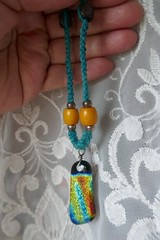 VTG Turquoise Macrame’ 14.5″ Blue Green Orange Yellow Black Dichroic Pendant 2″