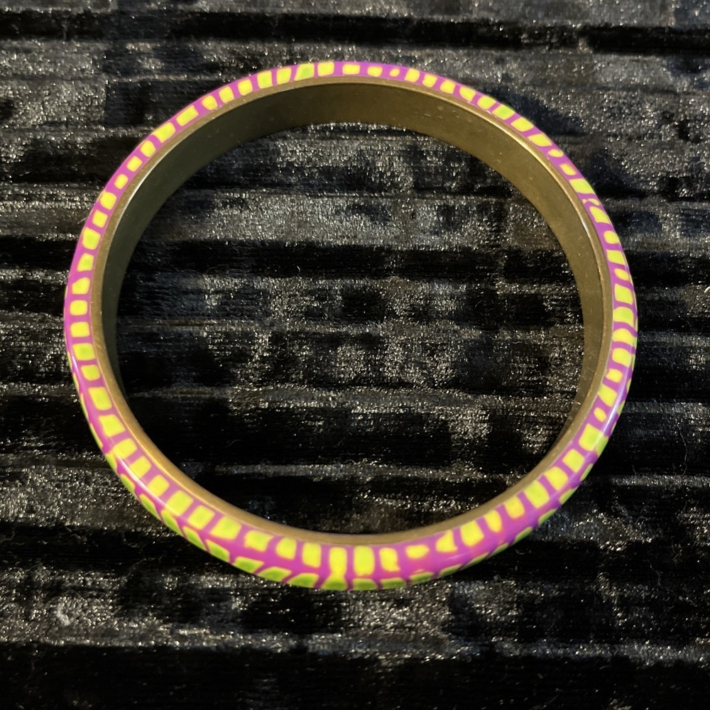 Artisan Made Layered Polymer Clay On Brass Bangle Bracelet Purple Green 8.25”