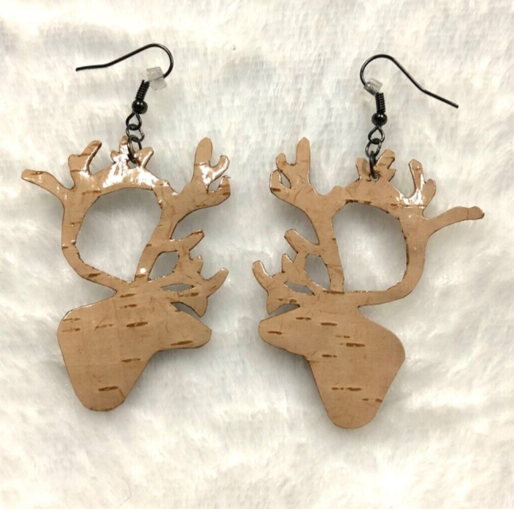 Hand Cut Caribou Head Alaska Paper Birch Bark Earring With Black Tone Ear Hook