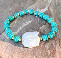 Barse NWT Blue-Green Turquoise With Chunky White Freshwater Pearl Bracelet