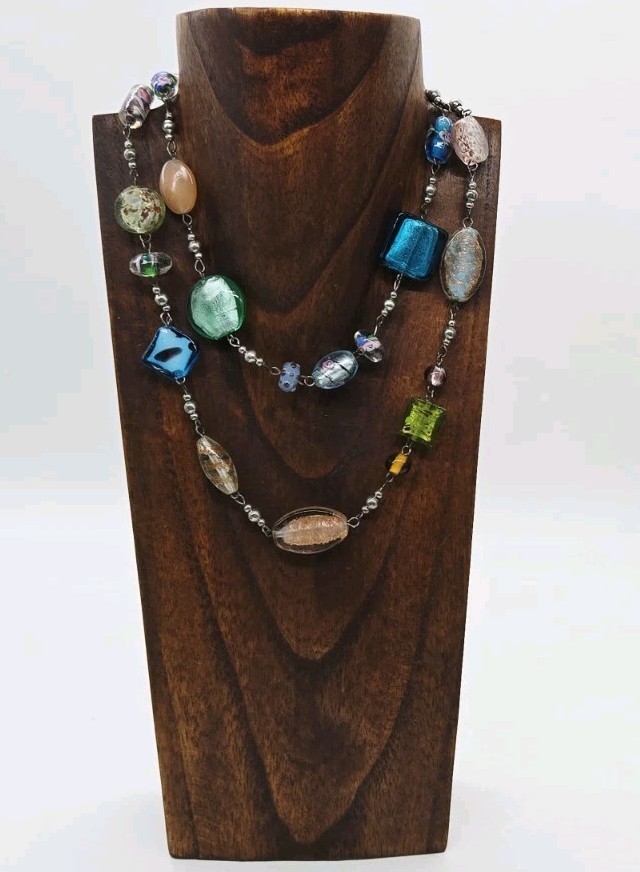 Premier Designs Glass Beaded Necklace Lampwork Multicolored Multi Shape 36 in