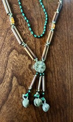 Vintage Wood Glass Metal Beaded Long Necklace Artisan Boho 30” With 2” Drop