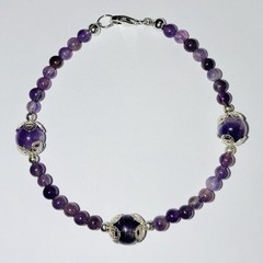 Dainty Handmade Amethyst And 925 Sterling Silver Cap Bead Bracelet 7.5 Inches