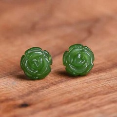 Hand Carved Green Jade Rose Flower Sliver Healing Reiki Dainty Stud Earrings