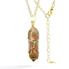 Natural Gold Wire Wrapped Ukanite Handmade Point Necklace Hexagon Chain Pendant