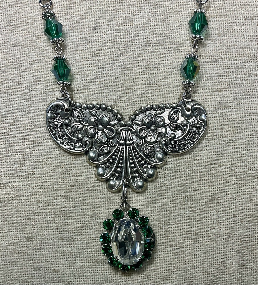 Vintage Inspired Necklace- Green Glass Gems, Glass Beads, 18” Chain, Silver Tone
