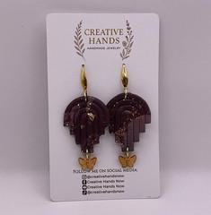 Handmade Burgundy Art Deco Arch Butterfly Earrings Gold Flake Statement Jewelry