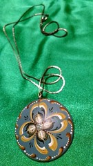 Painted Folk Wood Wooden Pendant Necklace Jewelry Charm Signed Dawn Nelson