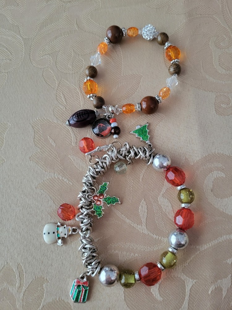 2 Charm Bracelets, Christmas And Football, Red Green, Orange Brown, Silvertone
