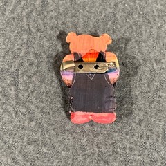 Handmade Teddy Bear Brooch Rainbow Shirt Black Overalls Folk Art 1 Inch Novelty