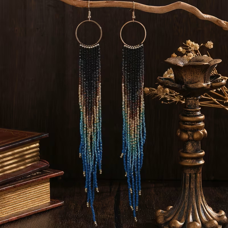 Art Deco Era Handmade Long Tassel Dangle Earrings – Glass Seed Beads